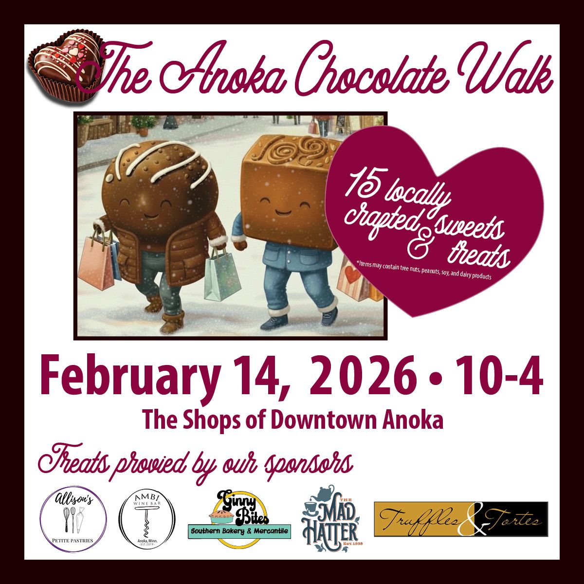 Anoka Chocolate Walk flyer: cartoon chocolates with shopping bags, heart graphic, event date/time, sponsored by local businesses.