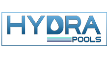 Hydra Pools logo with blue text, drop icon, and horizontal stripes.