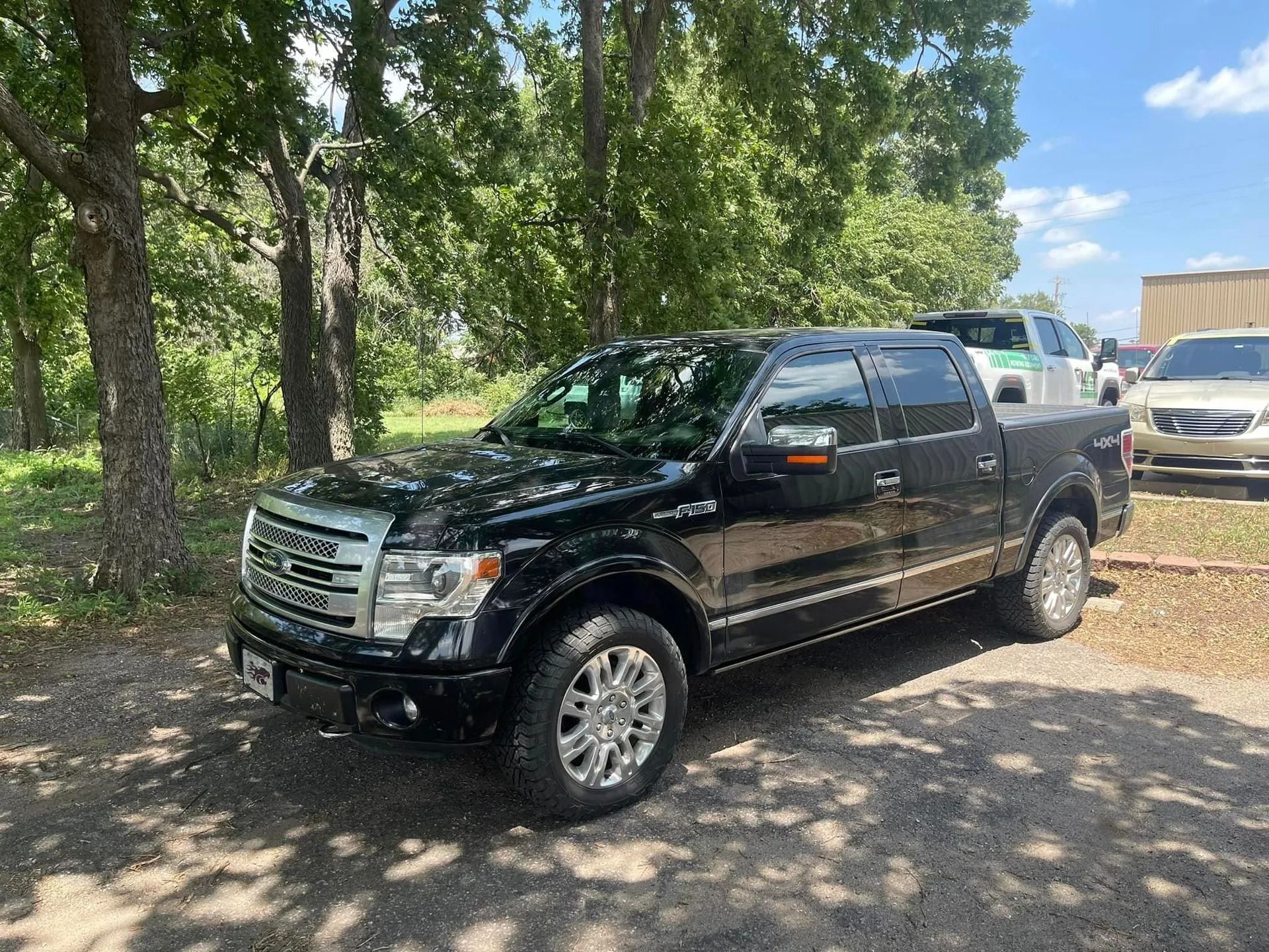 Black Ford F-150 truck parked outdoors, chrome wheels, surrounded by trees, sunny day.