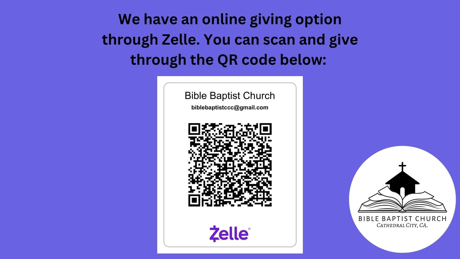 Purple donation slide with Zelle QR code