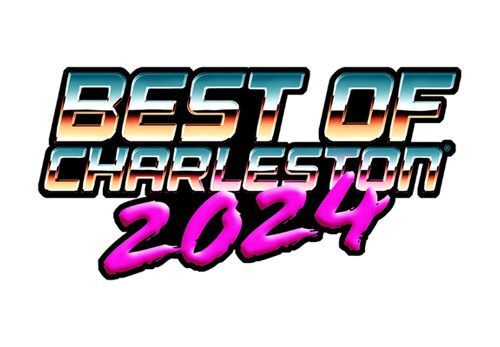Best of Charleston 2024 logo in blue, white, black, and pink retro-style text.