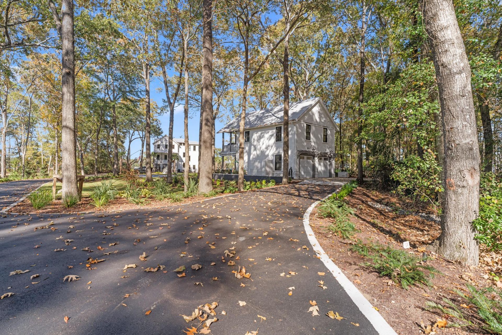 Paved driveway curving through trees toward a white house in a wooded setting