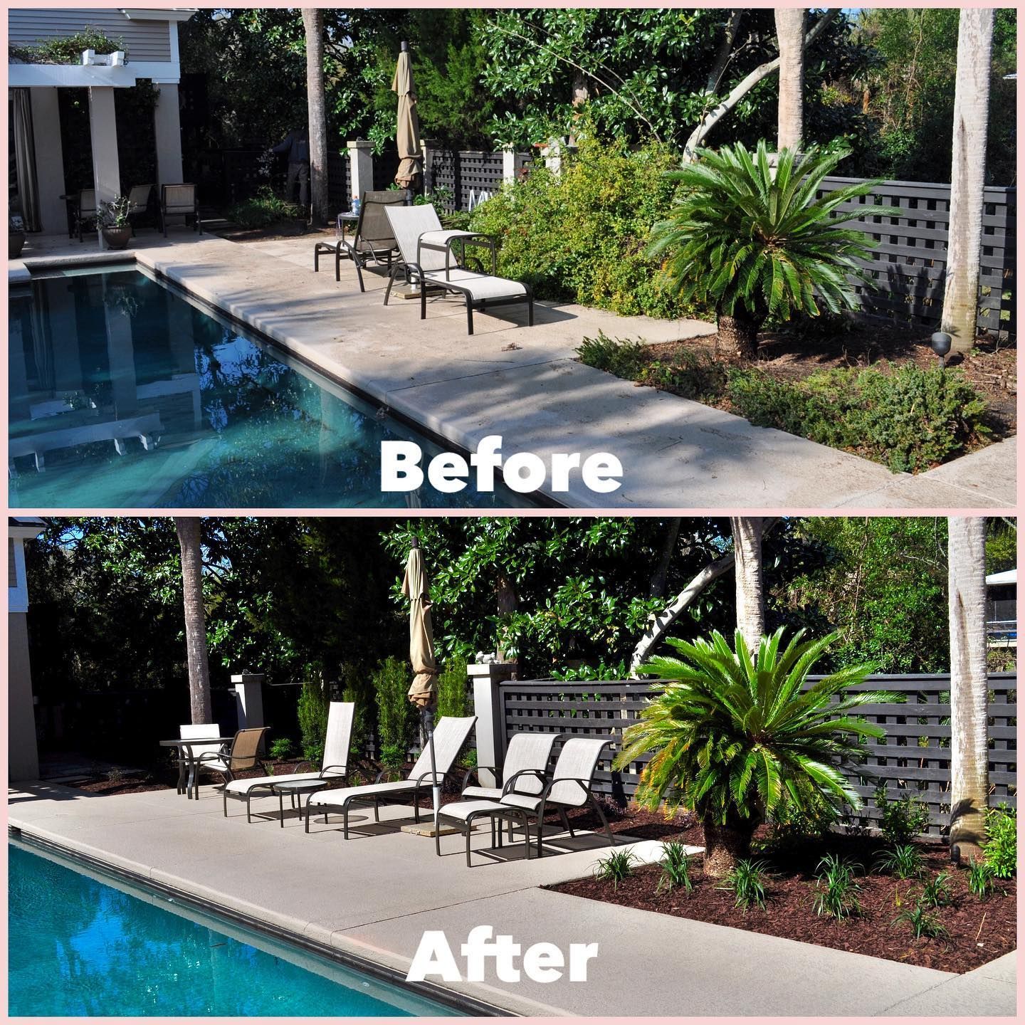 Before-and-after of a poolside patio with added lounge chairs, dark privacy fence, and fresh landscaping.