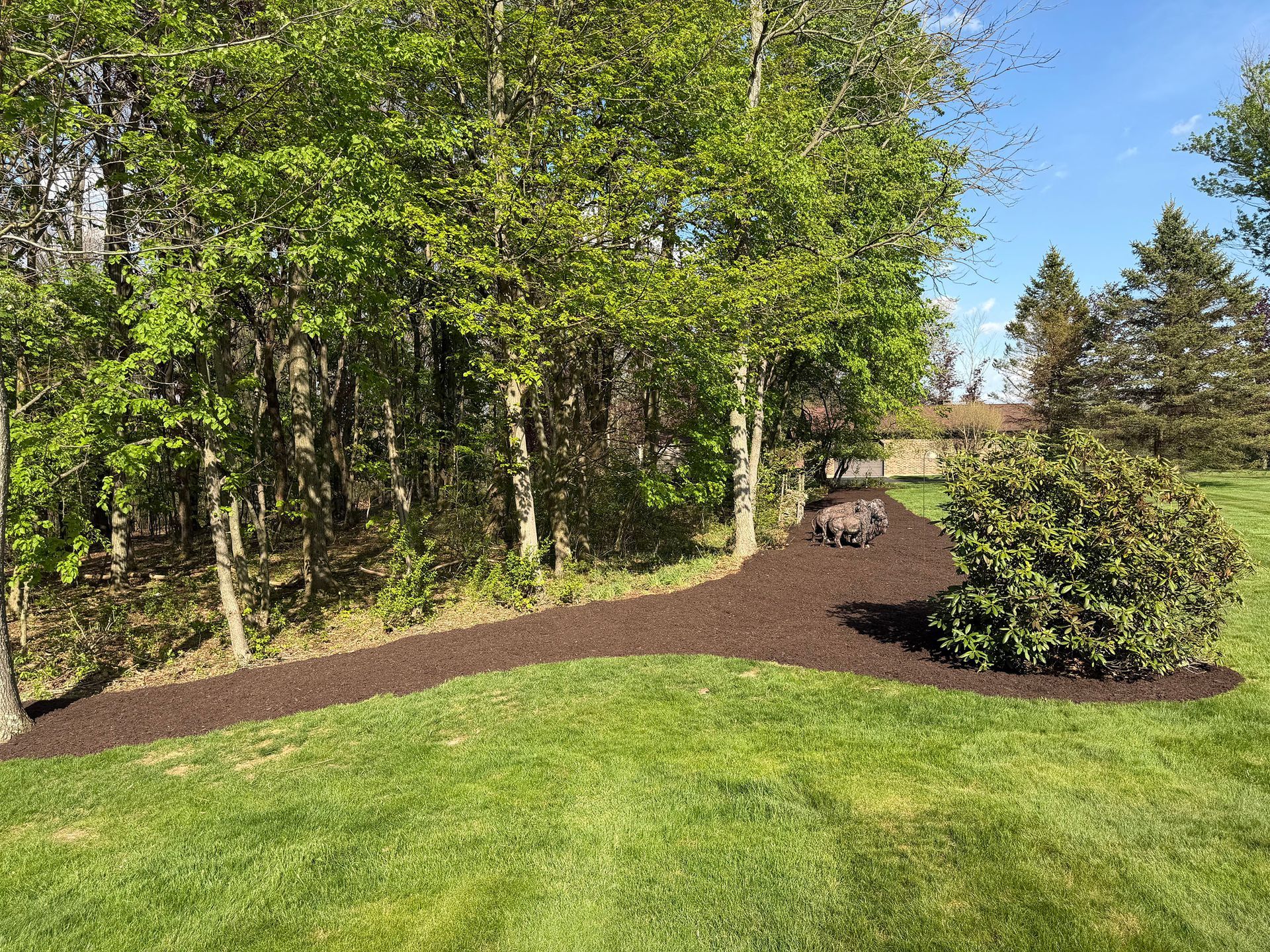 Curved mulch garden path through green lawn and trees, with shrubs and blue sky.