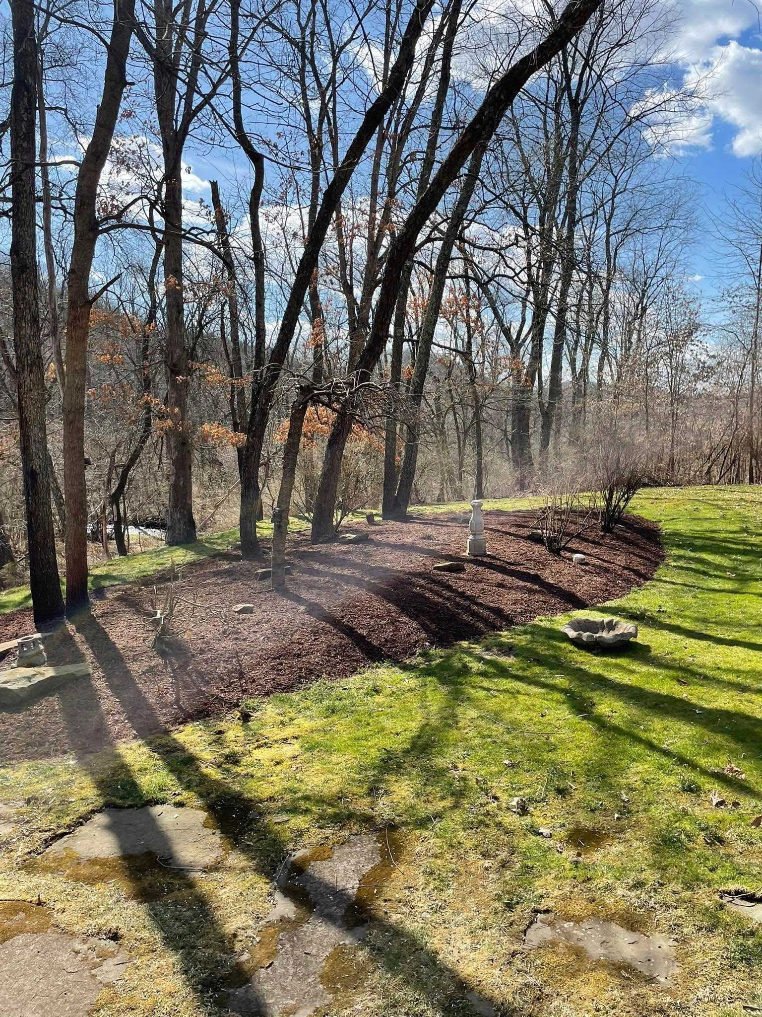 A sunny outdoor scene with trees, a grassy lawn, and a flower bed covered in brown mulch.
