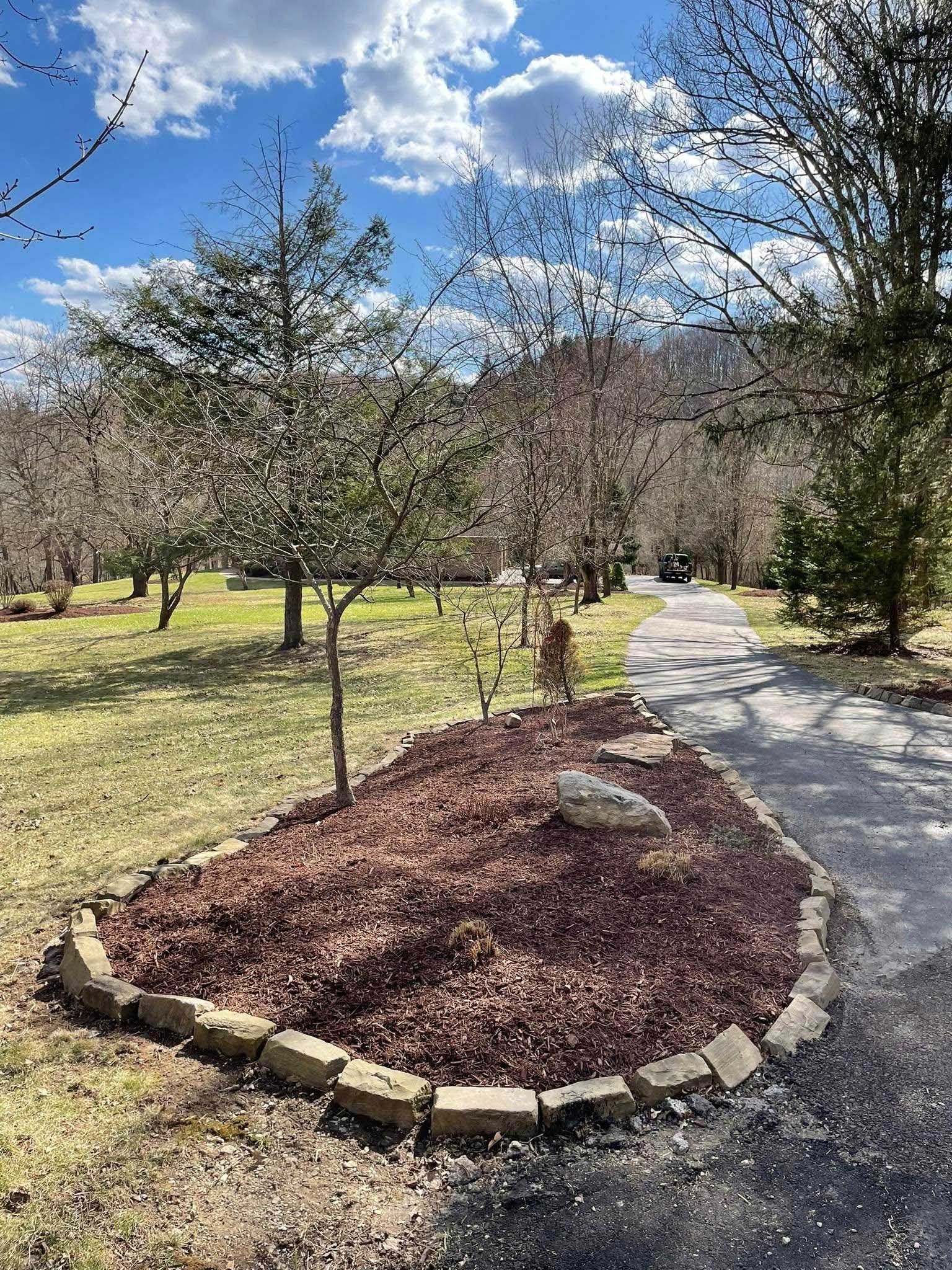 A landscaped bed with a young tree and mulch, bordered by stone, next to a paved drive in a sunny yard.