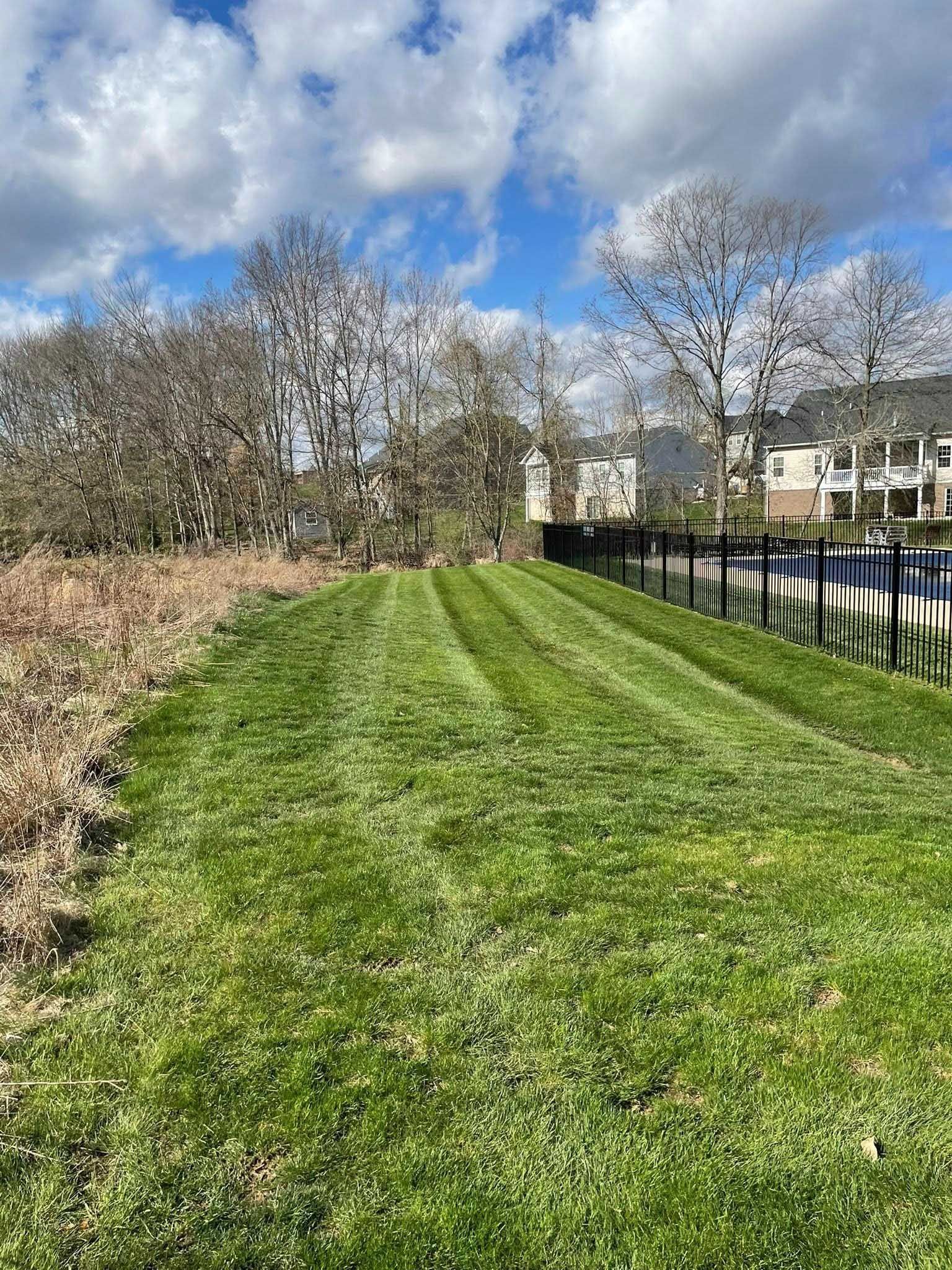 Lush green lawn with neat mowing stripes borders a canal. Bare trees and buildings stand under a cloudy blue sky.