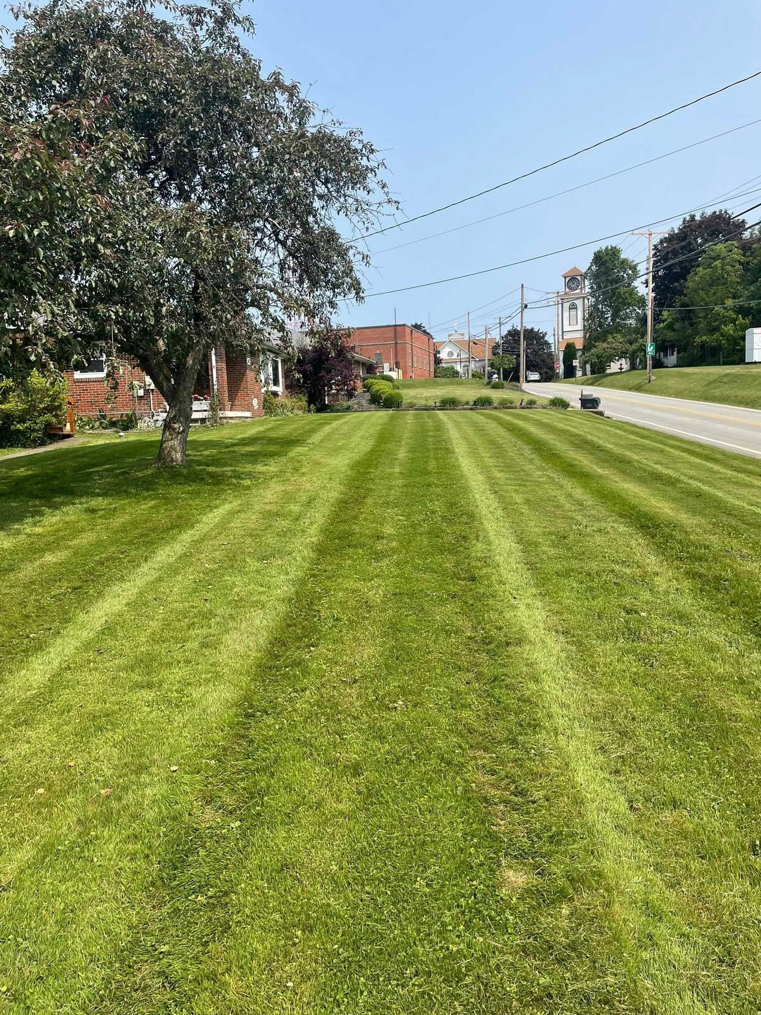 A neatly mowed lawn with striped patterns. Houses line the background under a clear blue sky.