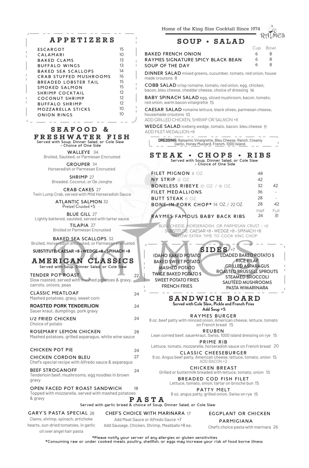 Restaurant menu with appetizers, soups, salads, seafood, steaks, pasta, and sides.