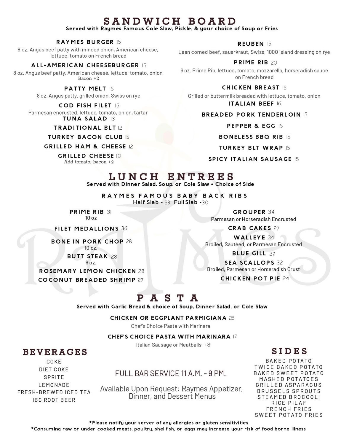 Menu board with sandwich, lunch, pasta, sides, and beverage options.