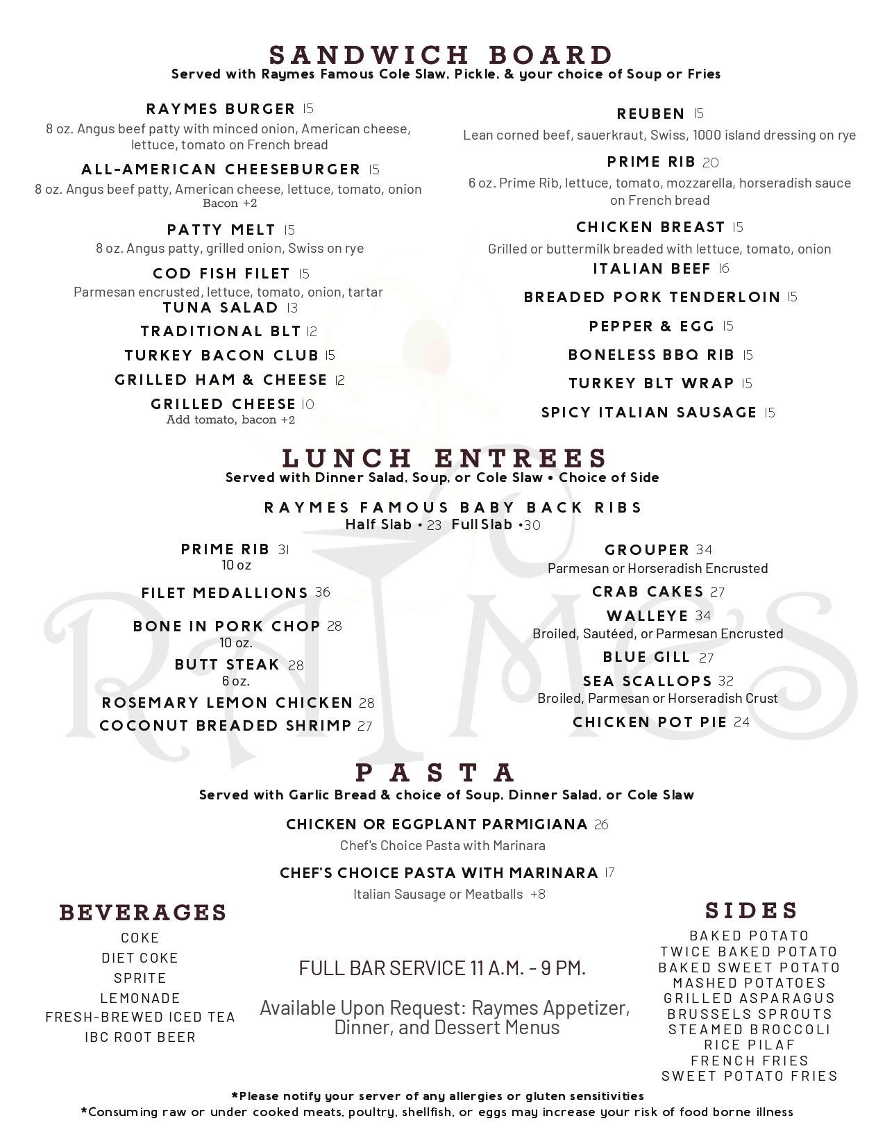 Menu board with sandwich, lunch, pasta, sides, and beverage options.