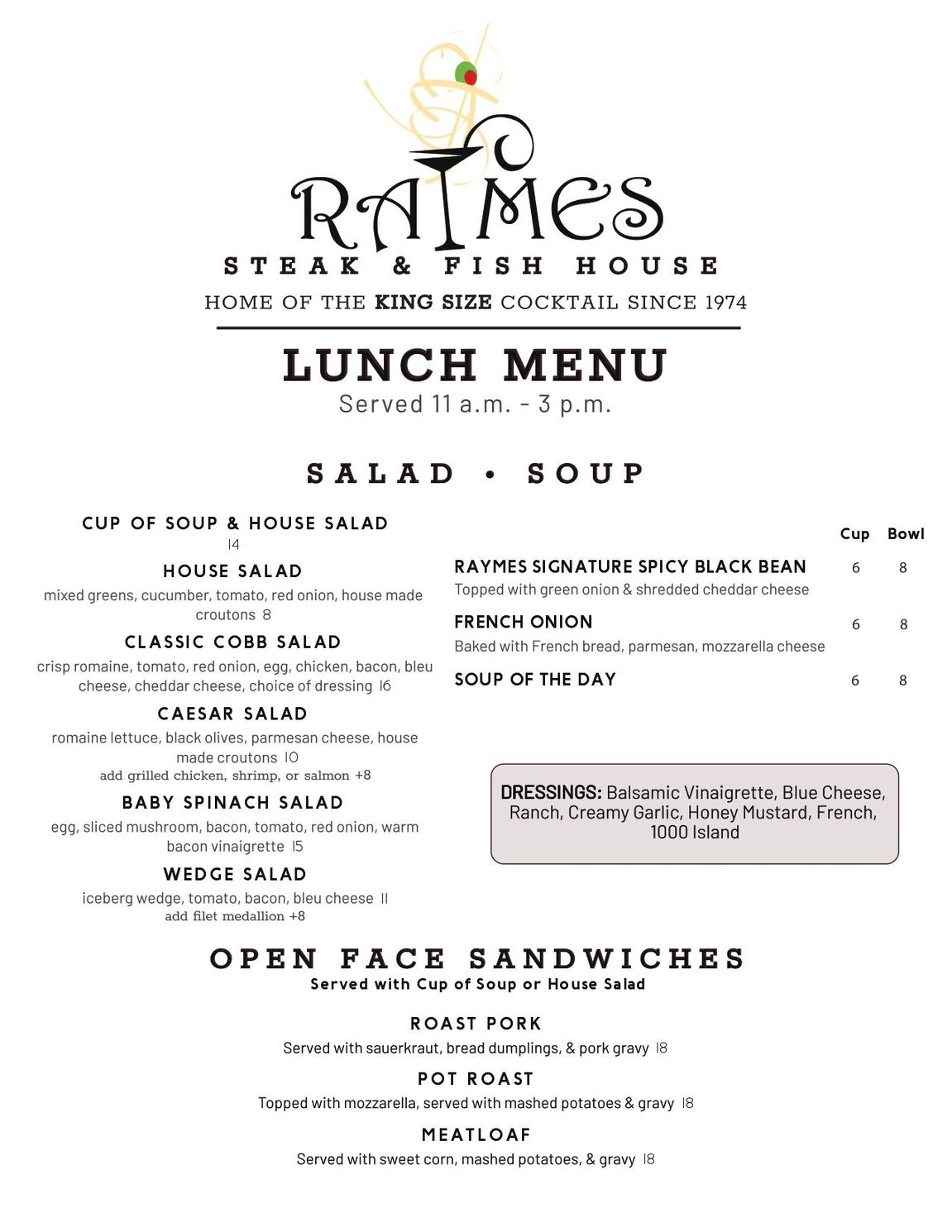 Lunch menu for Raimes Steak & Dish House, featuring salads, soups, and open-face sandwiches.