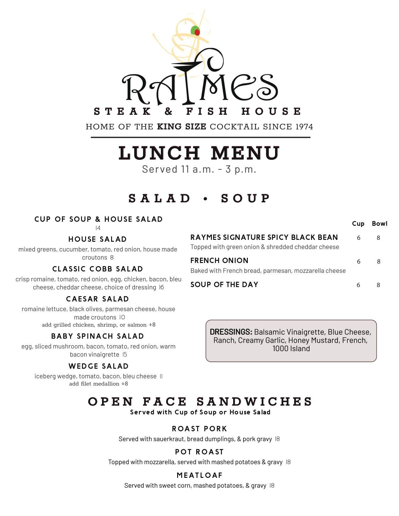 Lunch menu for Raimes Steak & Dish House, featuring salads, soups, and open-face sandwiches.