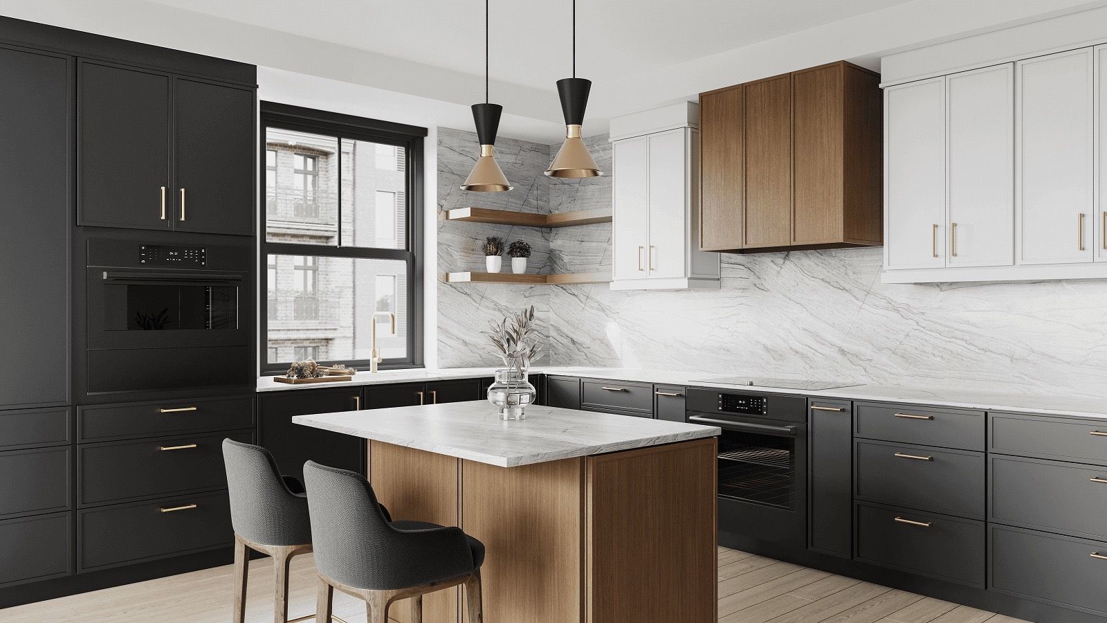 Modern kitchen with black and white cabinetry, wood accents, marble backsplash, a central island, and two gray stools.