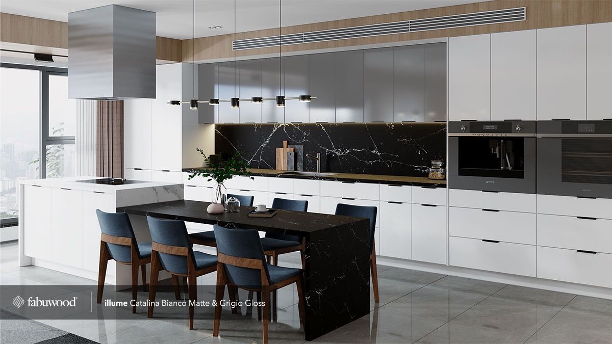A modern kitchen with white cabinets, a black marble island, blue chairs, and a stainless steel range hood.