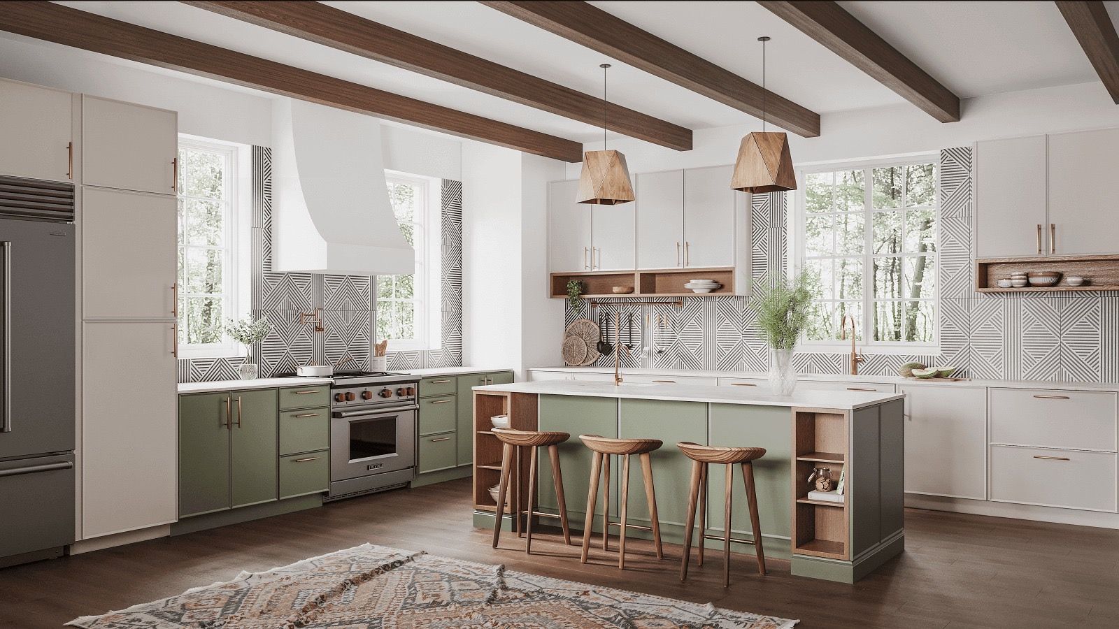 A modern kitchen with sage green cabinets, patterned backsplash, a central island with stools, and exposed wood beams.