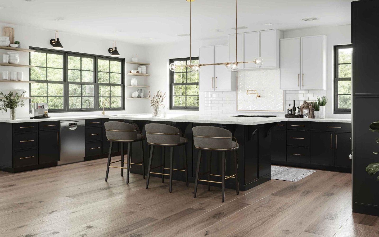 Modern kitchen with black lower cabinets, white upper cabinets, a central island with three stools, and wood flooring.