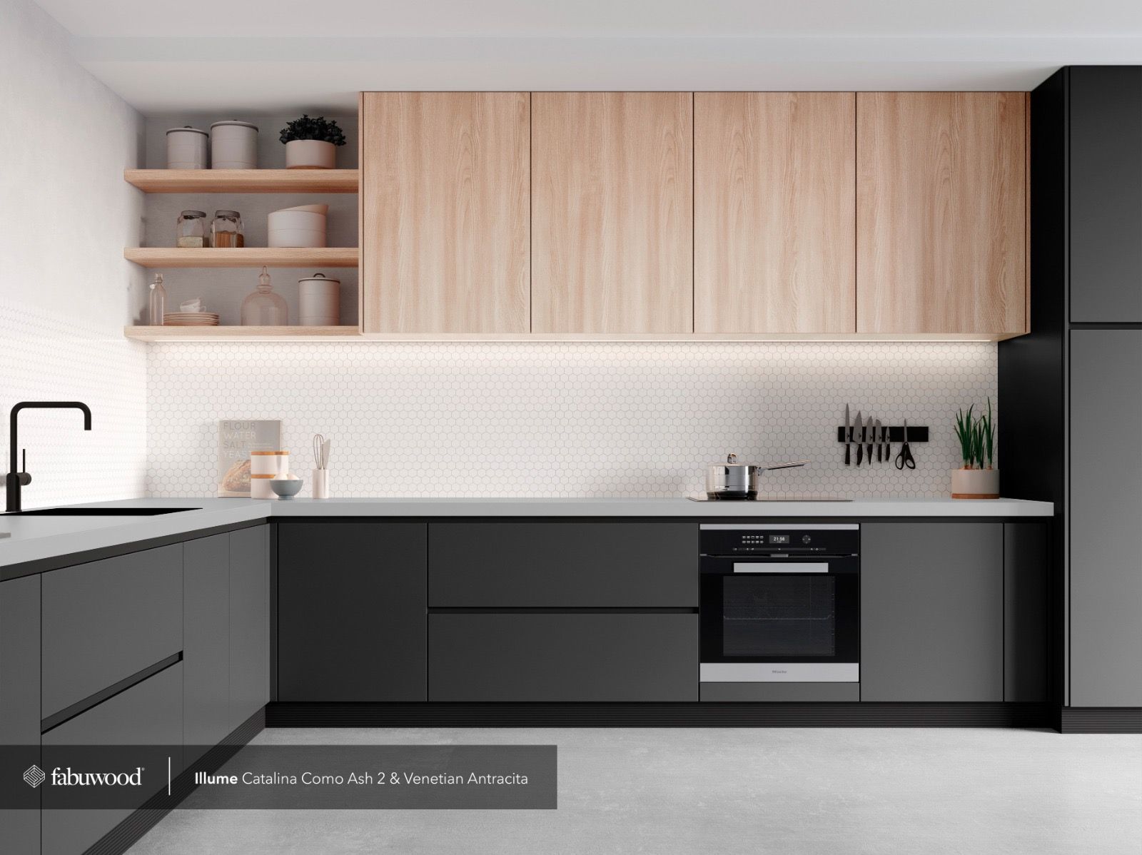 A modern kitchen featuring matte charcoal lower cabinets, light wood upper cabinets, open shelving, and white tile.