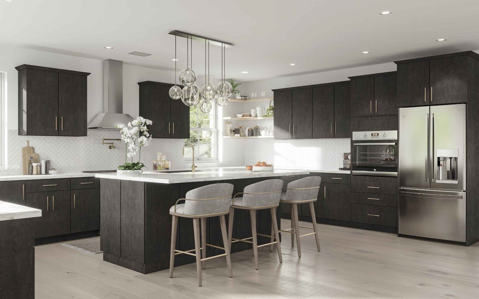 Modern kitchen with dark wood cabinetry, a central island with three grey stools, stainless appliances, and a pendant lamp.