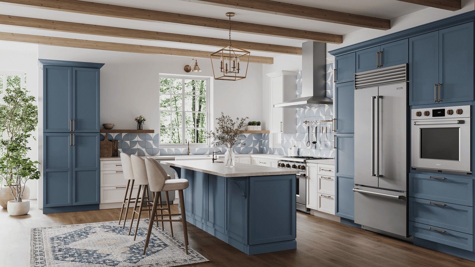 A modern kitchen featuring blue cabinetry, a large central island with bar stools, stainless appliances, and wood beams.