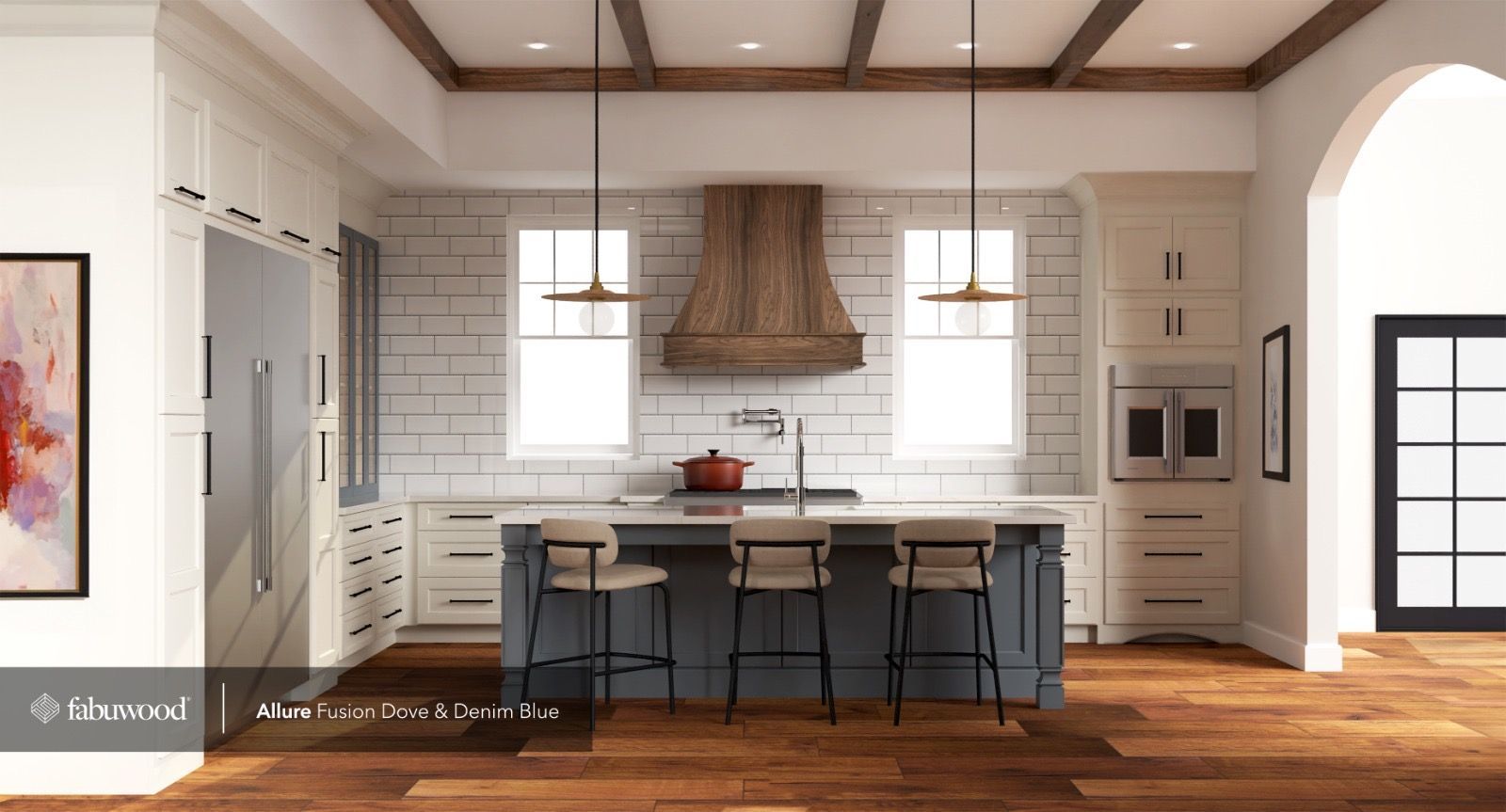 A modern kitchen with a dark blue island, light cabinets, wooden range hood, subway tile backsplash, and wooden flooring.