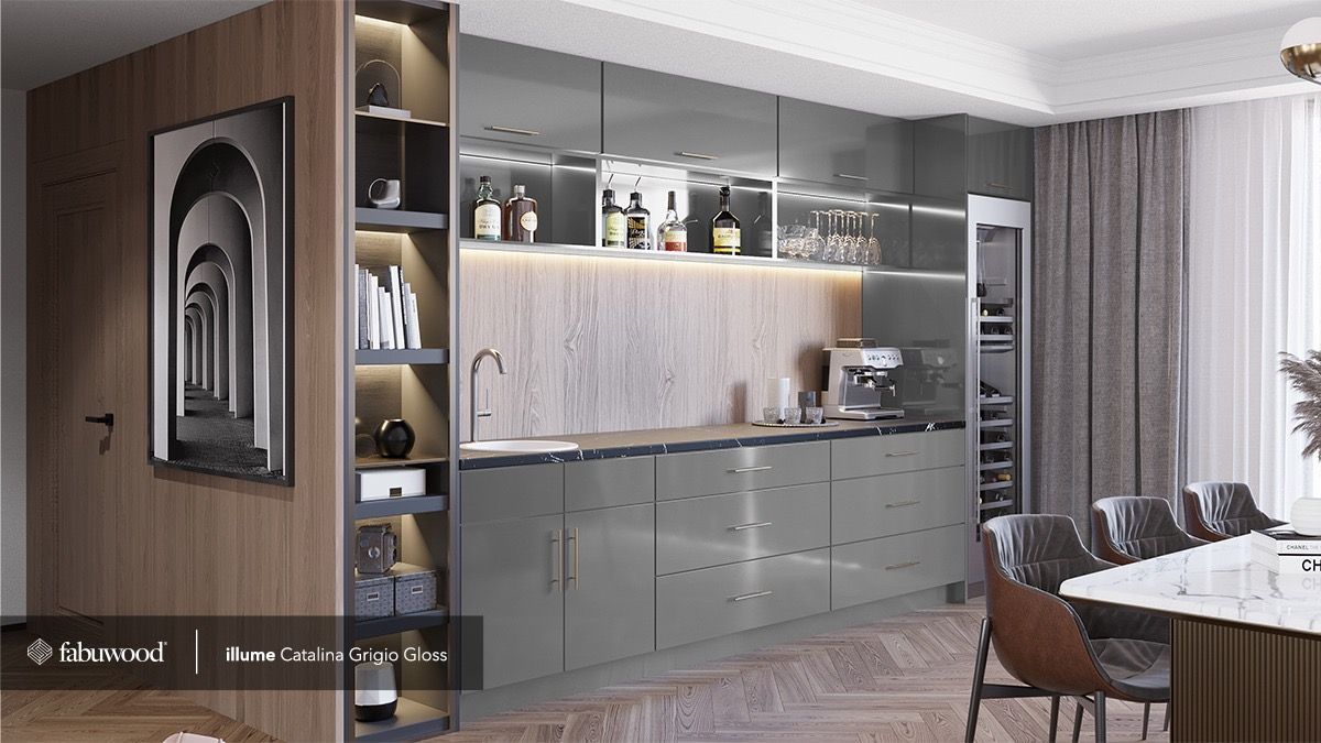 A modern kitchen area with glossy gray cabinets, wooden accents, open shelving, a built-in wine cooler, and dining seating.