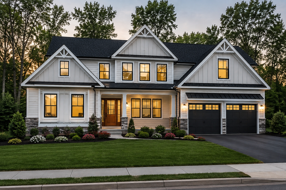 Two-story white suburban house at dusk with lit windows, a front porch, and a two-car garage