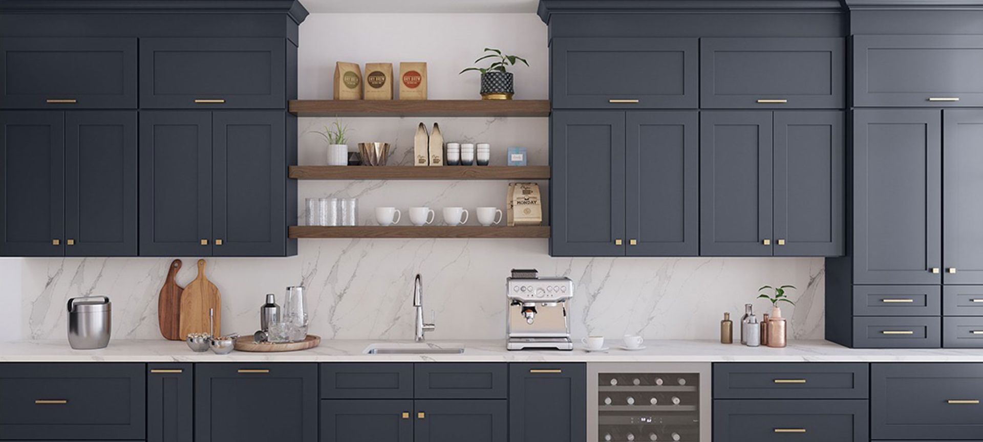 Modern kitchen with dark navy cabinets, open wood shelving, marble backsplash, and stainless steel appliances.