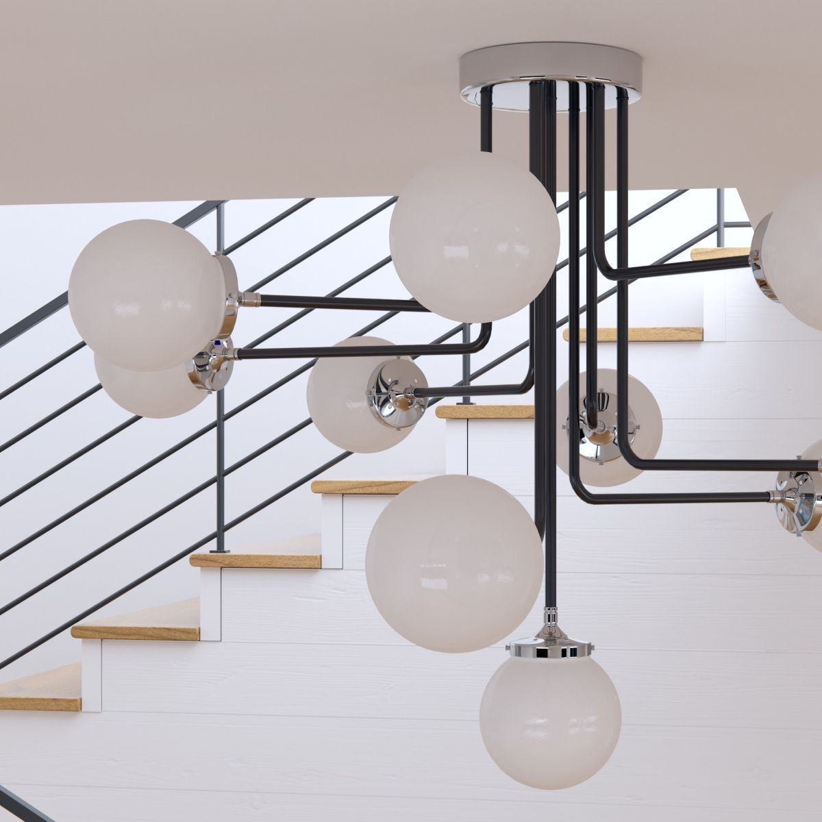 A staircase with a chandelier hanging from the ceiling