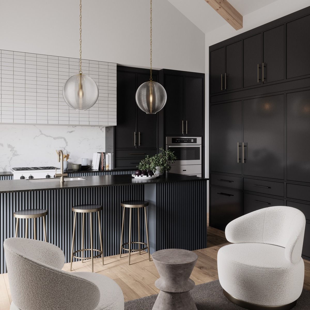 A kitchen with black cabinets and white chairs