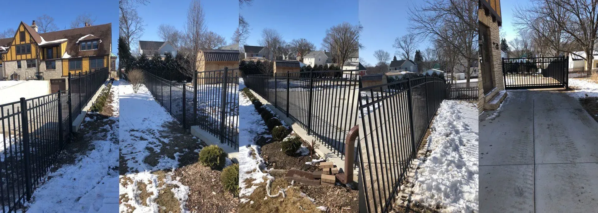 A collage of three pictures of a snowy yard with a fence and a sidewalk.