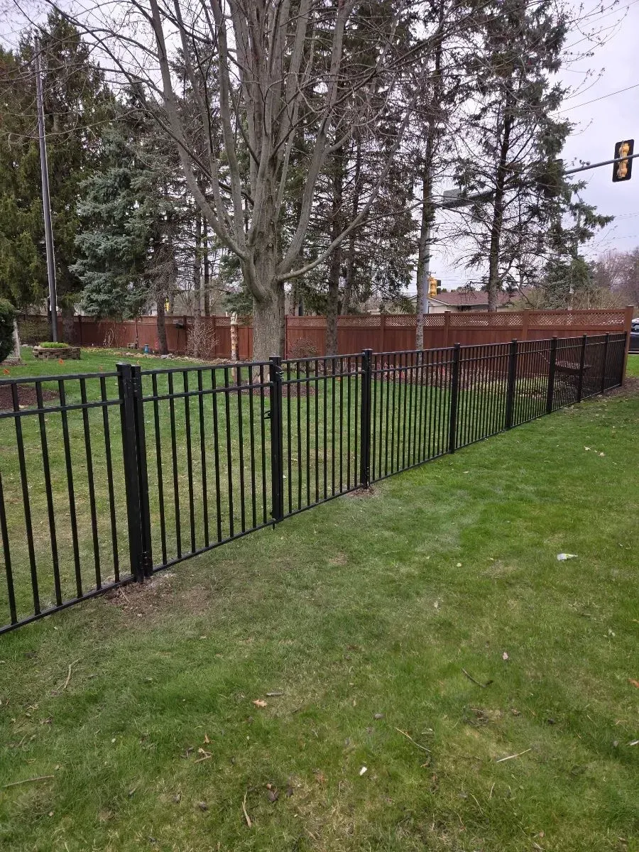 A black metal fence surrounds a lush green yard.