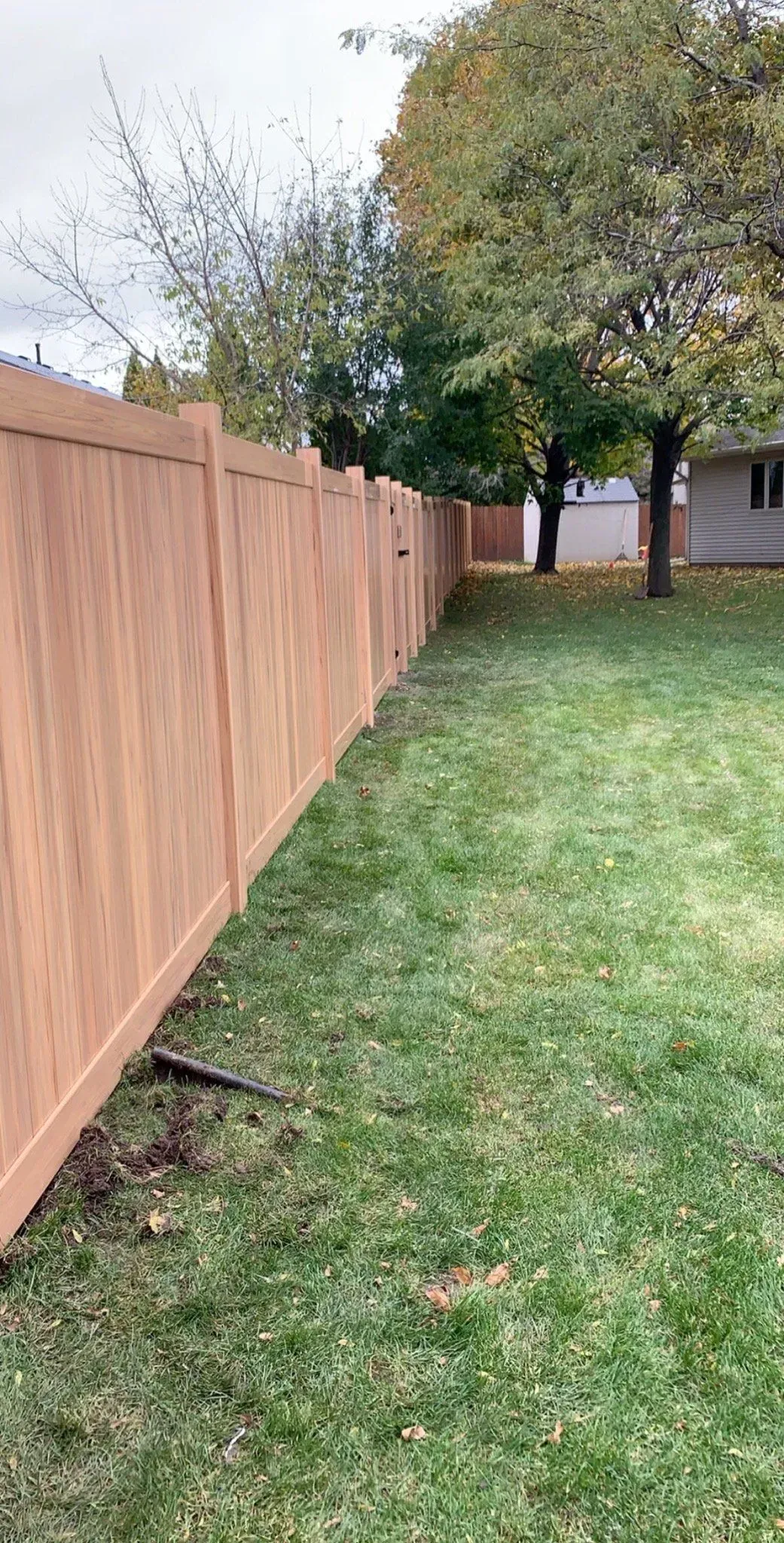 A wooden fence surrounds a lush green yard.