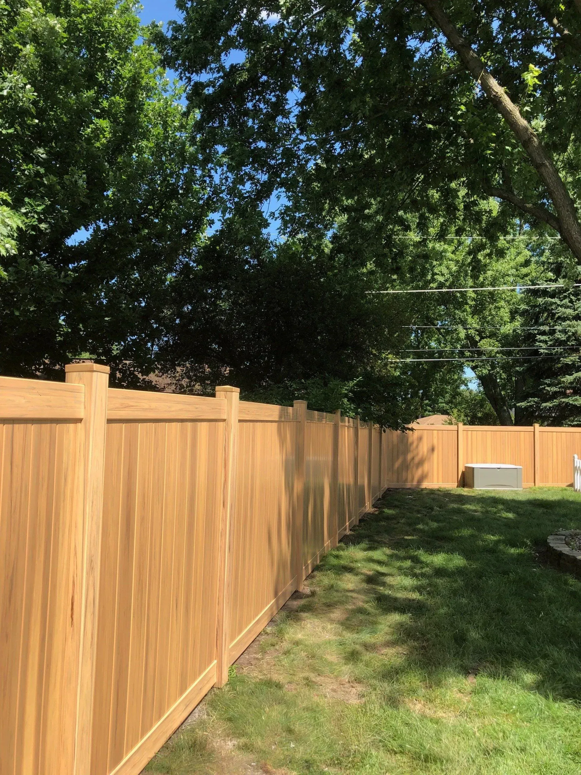 A wooden fence is surrounded by trees in a backyard.