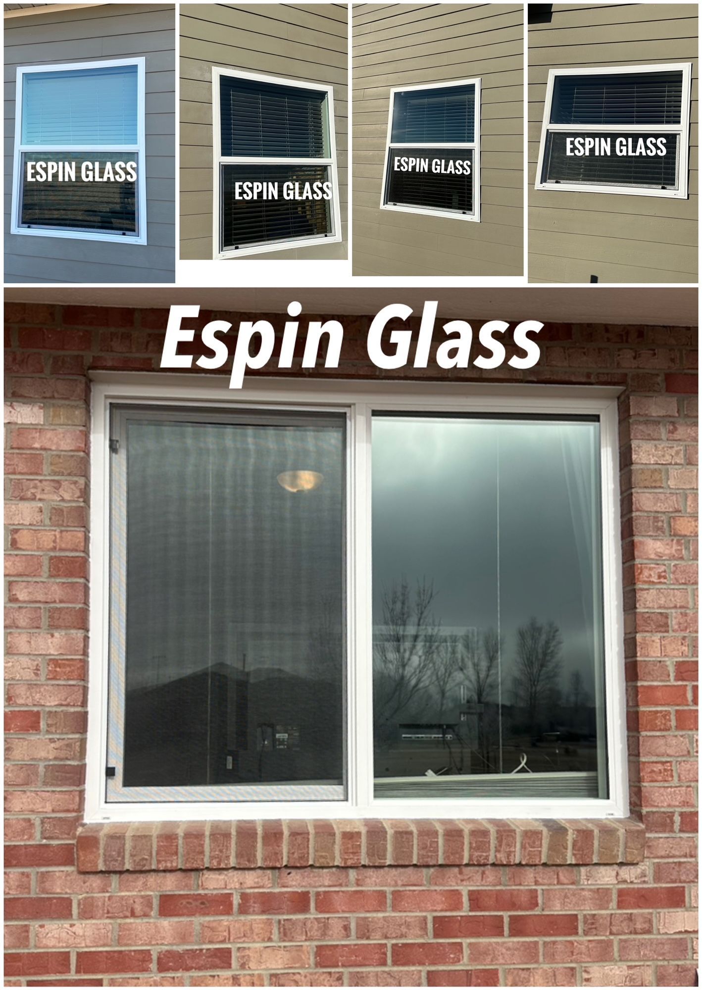 A window with Espin Glass label above it; the top row features photos of the glass at various angles, while the bottom row shows the installed window.