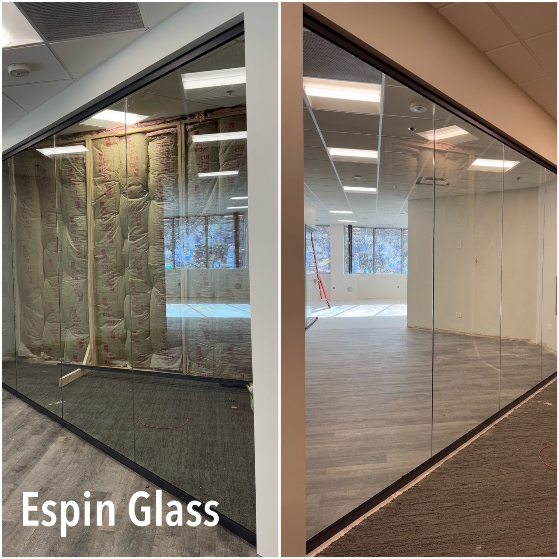 Two photos showing a glass office wall. Left side is under construction; right side is finished with gray floors.