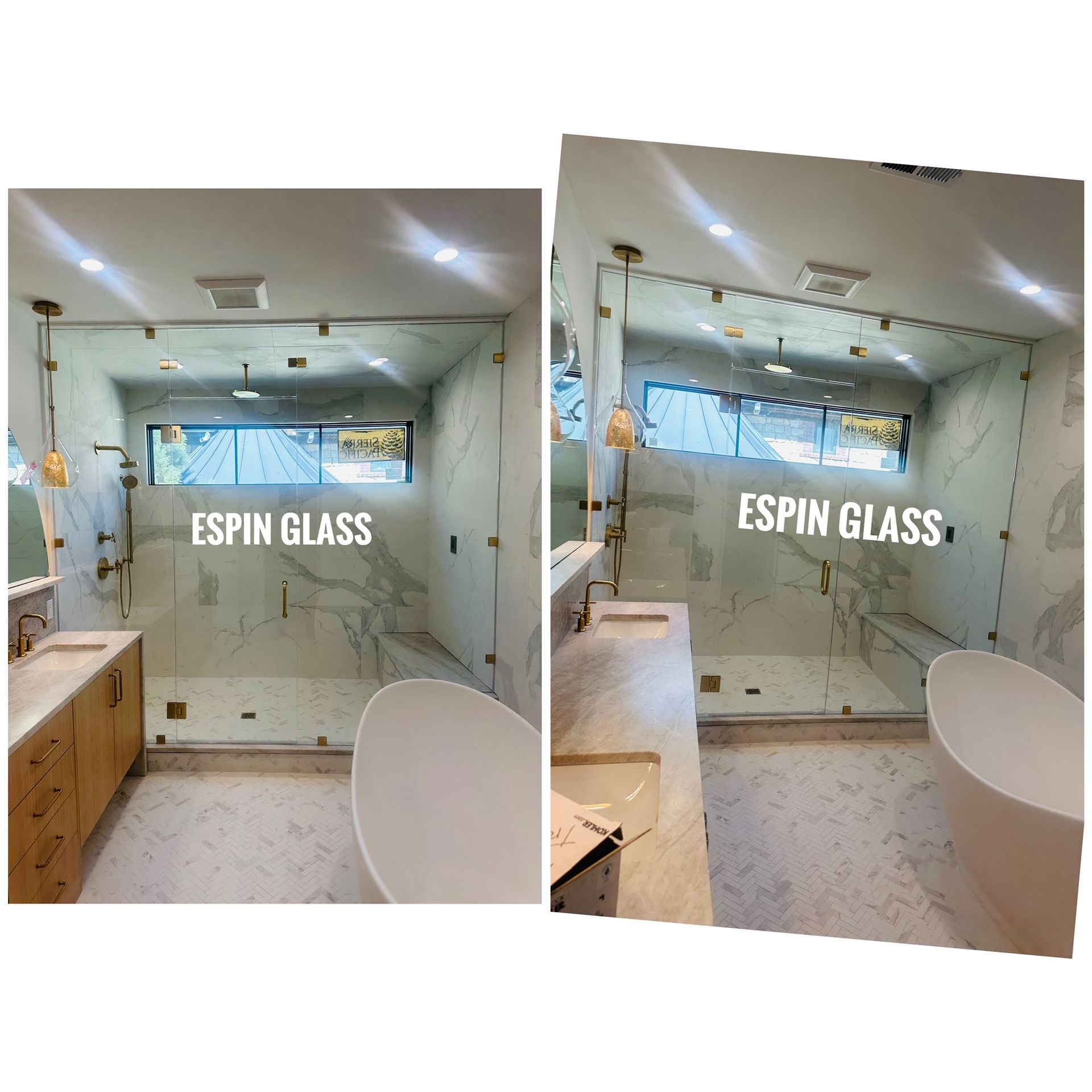 Two modern bathrooms with glass shower enclosures, white marble, gold fixtures, and natural light.