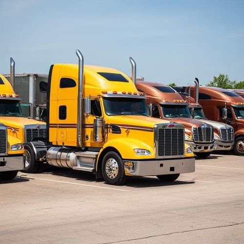Bright yellow and orange semi-trucks parked in a row on a sunny lot