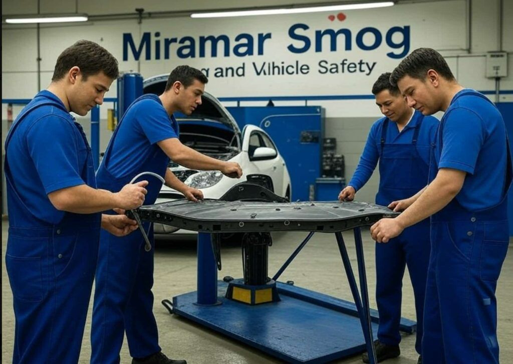 Four mechanics in blue uniforms working on a car in a Miramar Smog auto shop