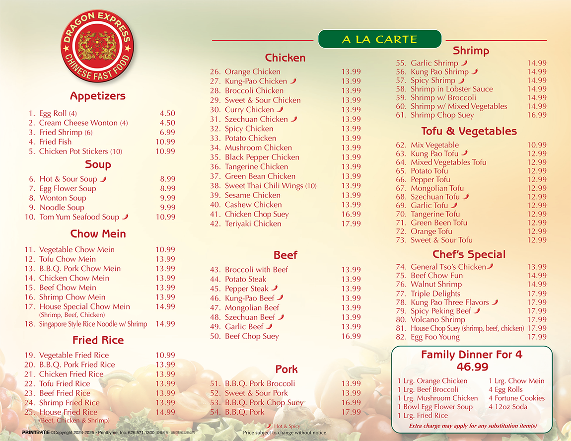 Dragon Express Menu back