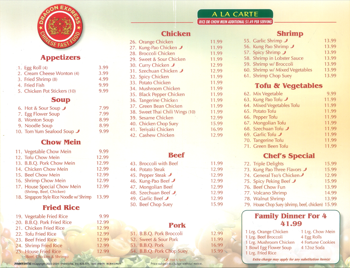 Dragon Express Garden City Menu