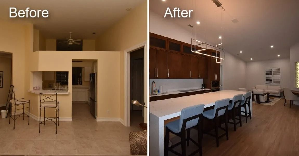 Before-and-after view of a kitchen renovation: old with small bar, new with large island, wood cabinets, modern lighting.