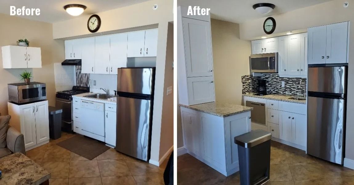 Kitchen remodel comparison: white cabinets, stainless steel appliances. Before: microwave on counter. After: peninsula added.