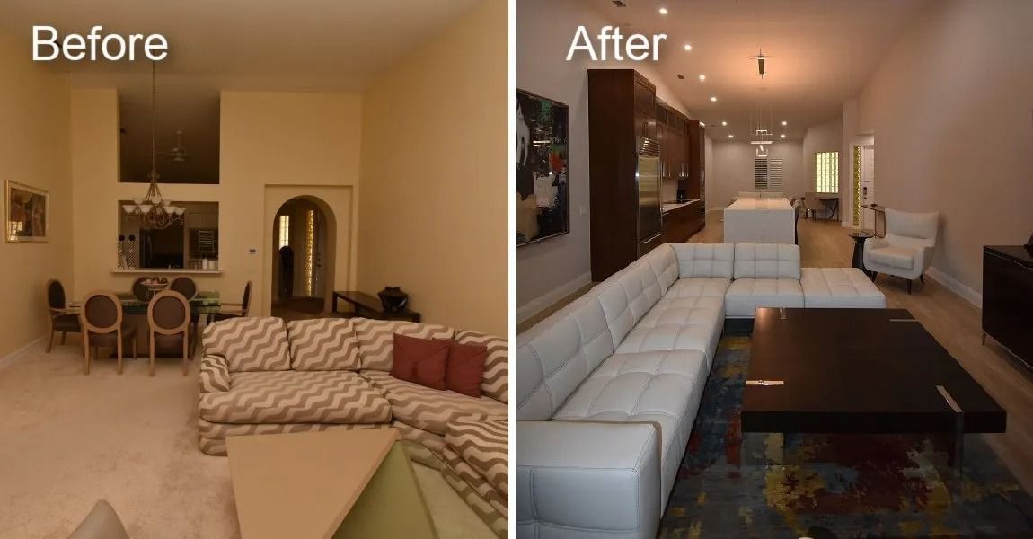 Before and after view of a living room transformation. New modern design with white sectional sofa and dark wood accents.