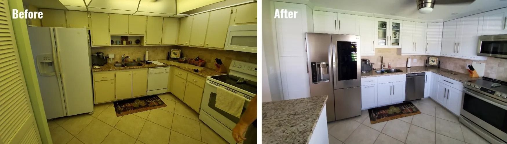 Before-and-after kitchen renovation: pale cabinets, old appliances versus updated white cabinets, stainless steel appliances.