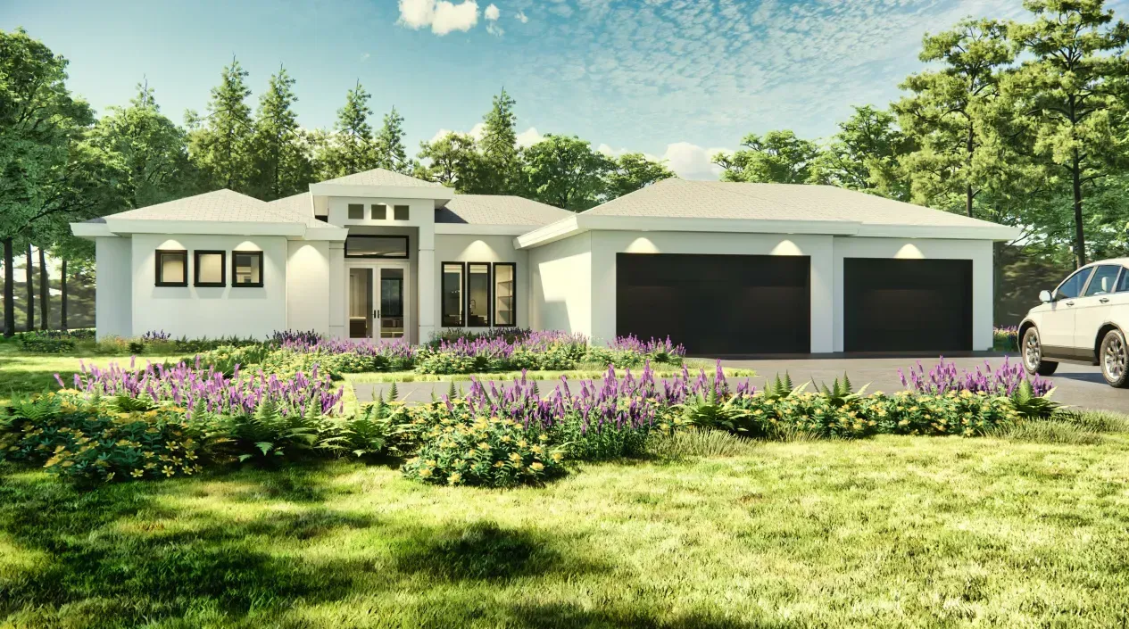 White house with black garage doors, purple flowers, green grass, and trees. A car sits in the driveway.