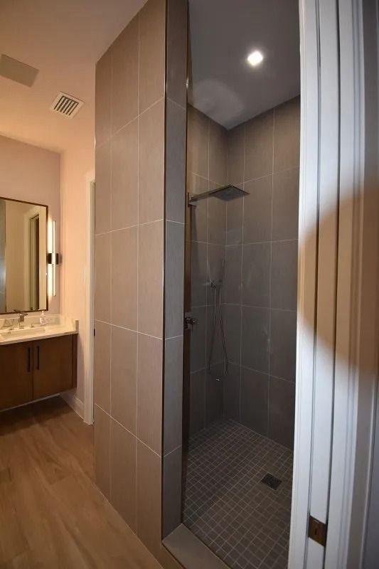 A modern bathroom with a walk-in shower and a vanity.