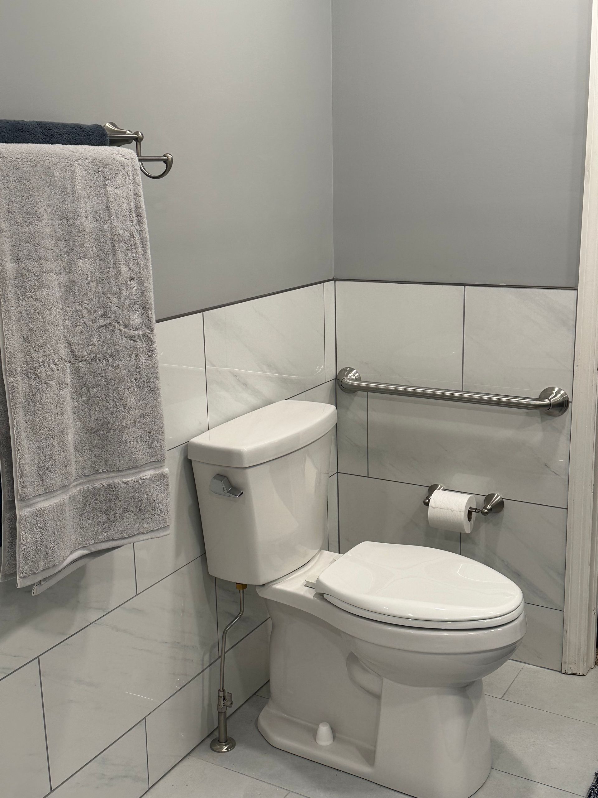 Accessible bathroom with toilet, grab bars, and towel hanging on the wall.