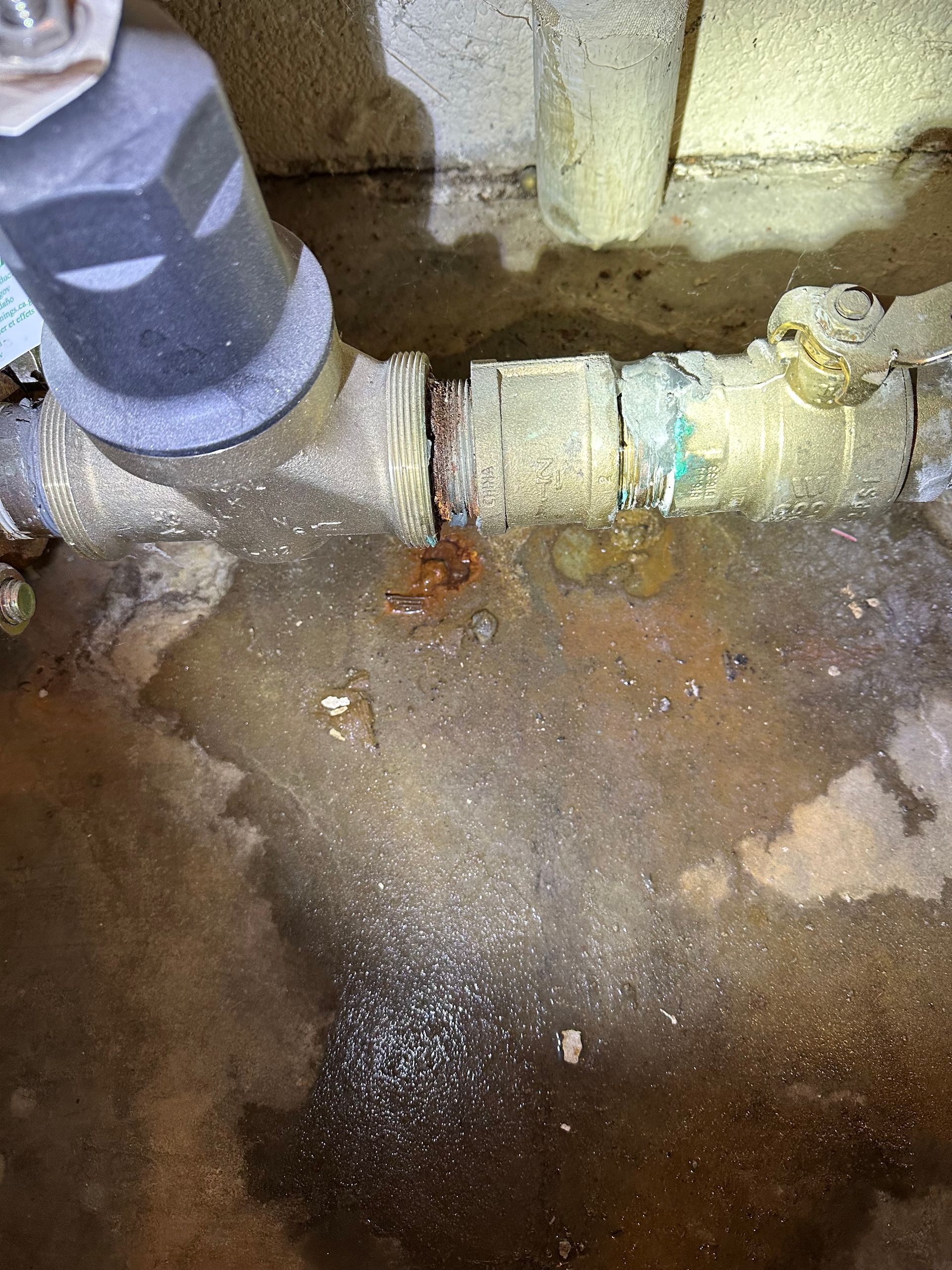Leaking pipe joint in a damp basement, with water on the floor and mineral buildup on the pipe