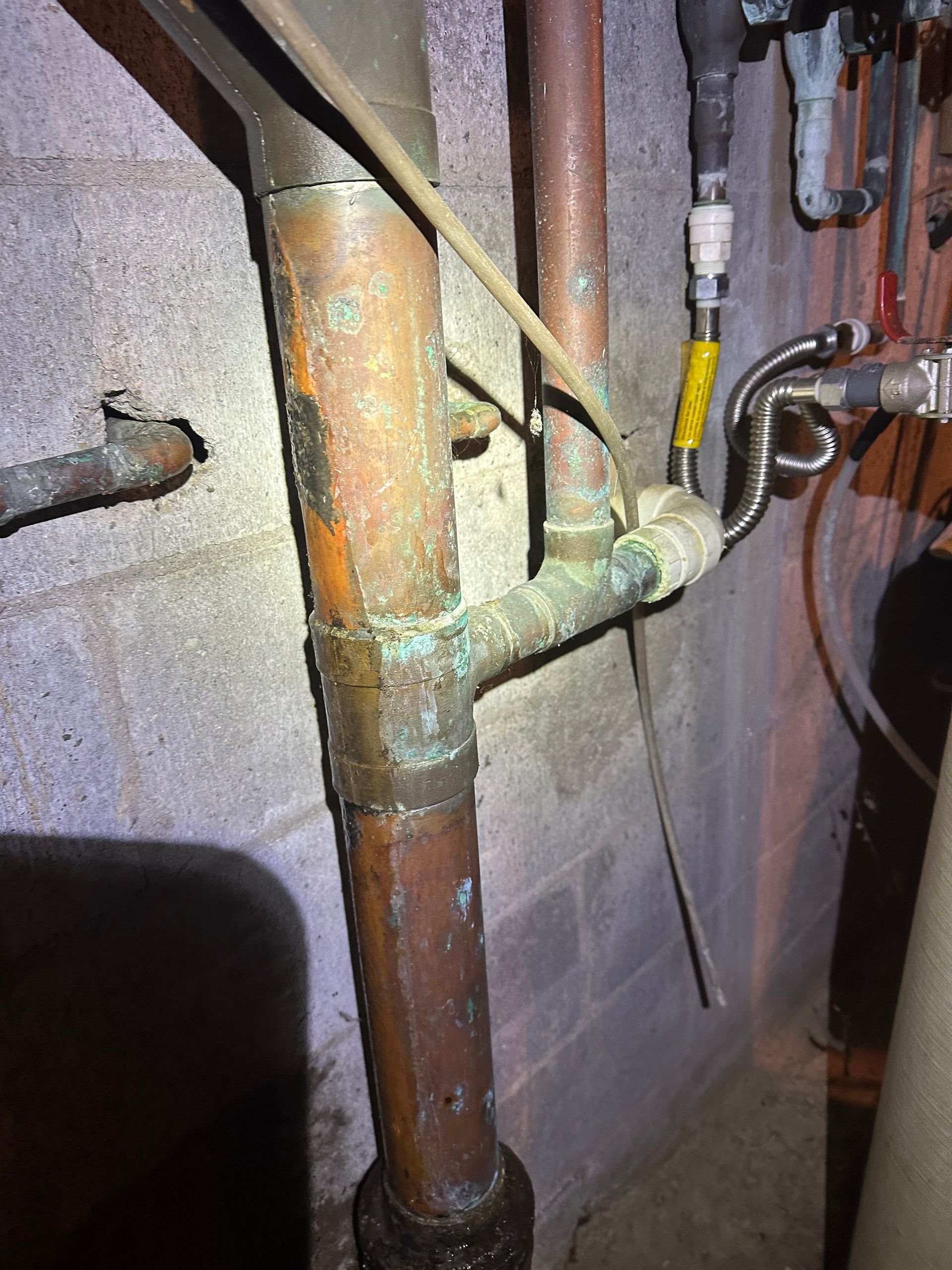 Corroded copper pipes and valves against a concrete wall in a utility area.